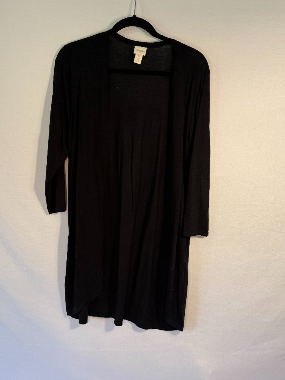 Chico's Black Open Front Cardigan Longline 3/4 Sleeve Lightweight Sz 2 L - Picture 1 of 3